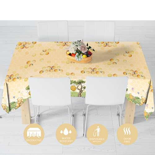 WISSLERMER 3-Pack Yellow Teddy Bear Disposable Plastic Tablecloths 54x108 Inches for Baby Shower Party