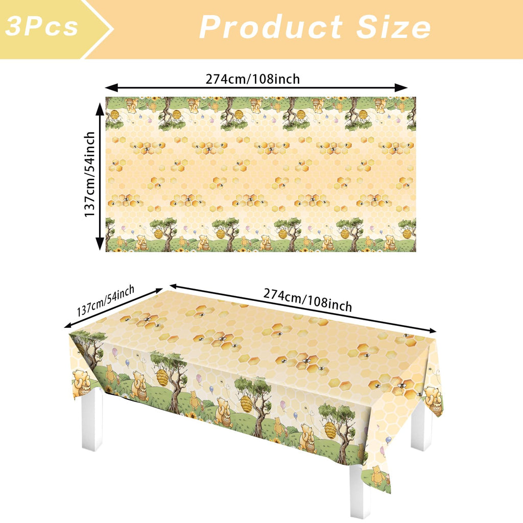WISSLERMER 3-Pack Yellow Teddy Bear Disposable Plastic Tablecloths 54x108 Inches for Baby Shower Party
