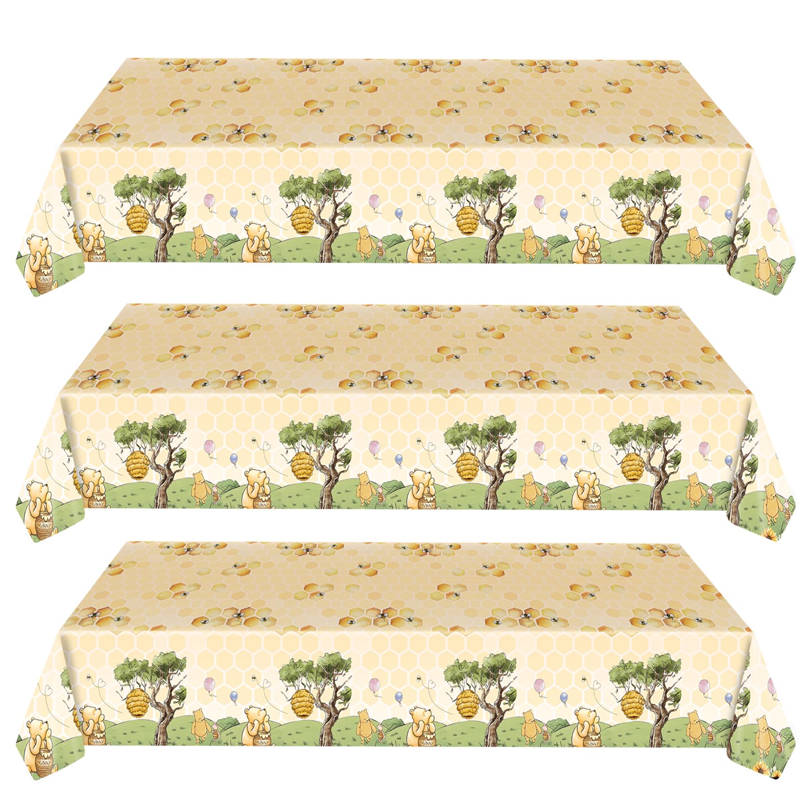 WISSLERMER 3-Pack Yellow Teddy Bear Disposable Plastic Tablecloths 54x108 Inches for Baby Shower Party