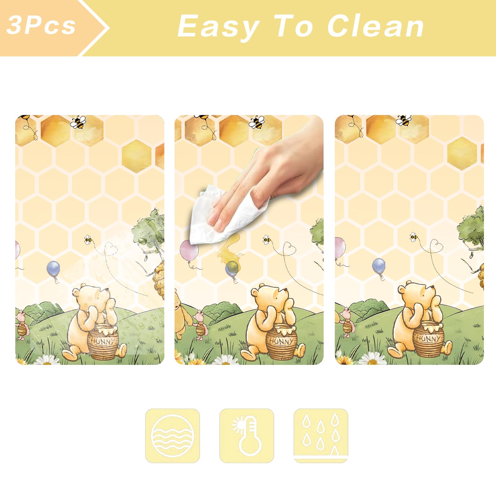 WISSLERMER 3-Pack Yellow Teddy Bear Disposable Plastic Tablecloths 54x108 Inches for Baby Shower Party