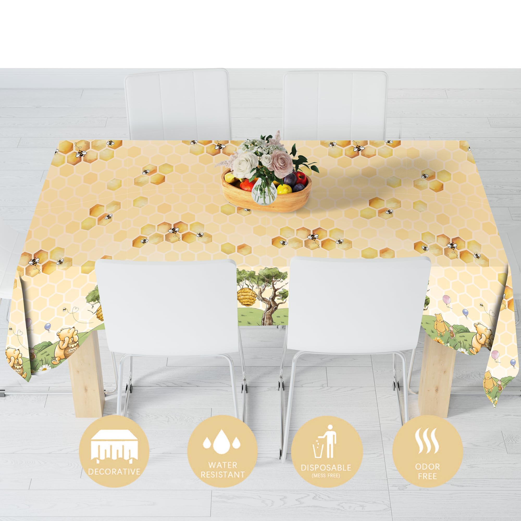WISSLERMER 3-Pack Yellow Teddy Bear Disposable Plastic Tablecloths 54x108 Inches for Baby Shower Party