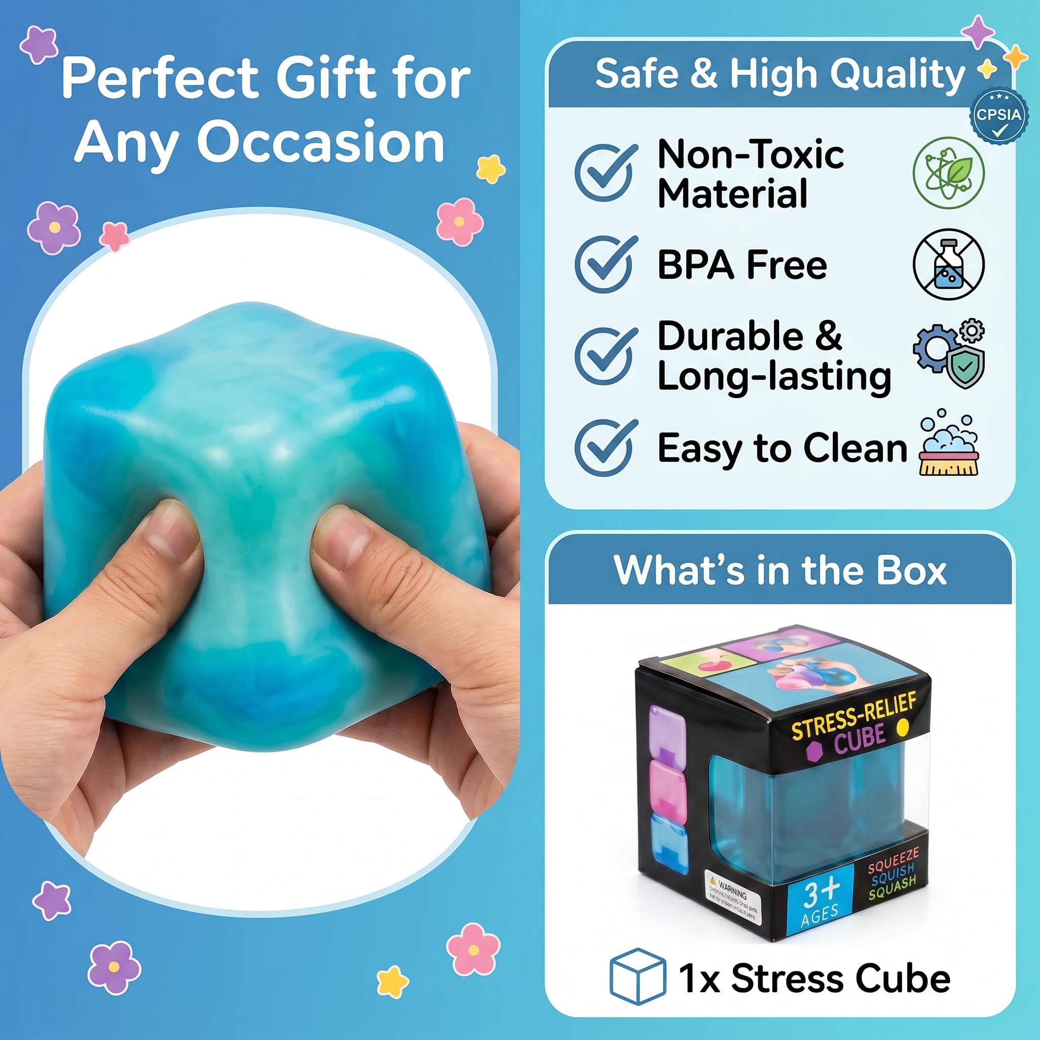 WISYME Blue Stress Cube 2.25 Inch - Slow Rising Squishy Fidget Toy for Relaxation & Focus