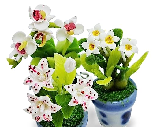 WitnyStore Miniature Handcrafted Clay Flower Pots Set of 3 - Lily, Orchid, Plumeria - 1½ Inch Tiny Artificial Flowers for Dollhouse Decor