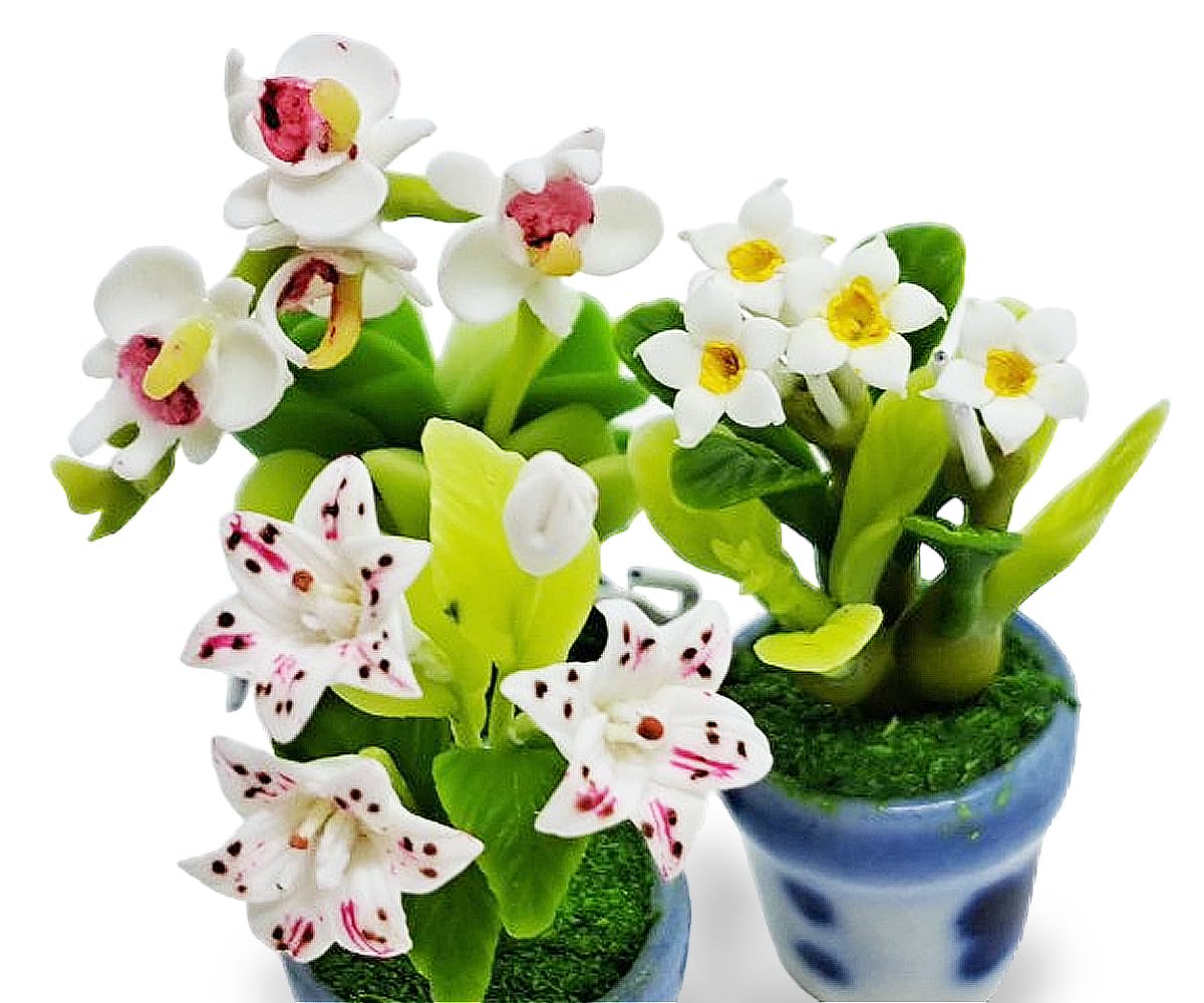 WitnyStore Miniature Handcrafted Clay Flower Pots Set of 3 - Lily, Orchid, Plumeria - 1½ Inch Tiny Artificial Flowers for Dollhouse Decor
