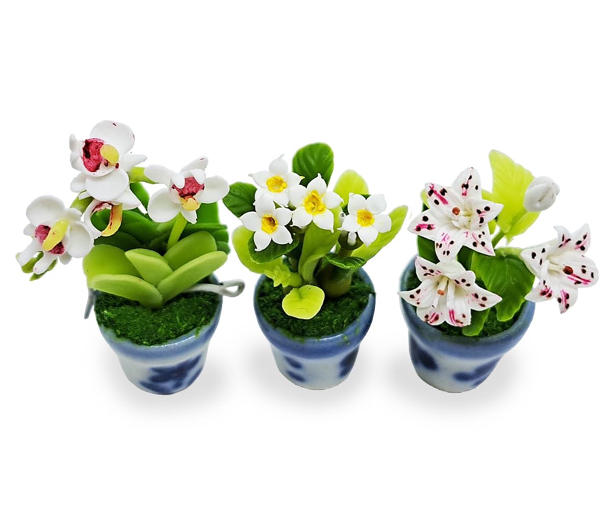 WitnyStore Miniature Handcrafted Clay Flower Pots Set of 3 - Lily, Orchid, Plumeria - 1½ Inch Tiny Artificial Flowers for Dollhouse Decor