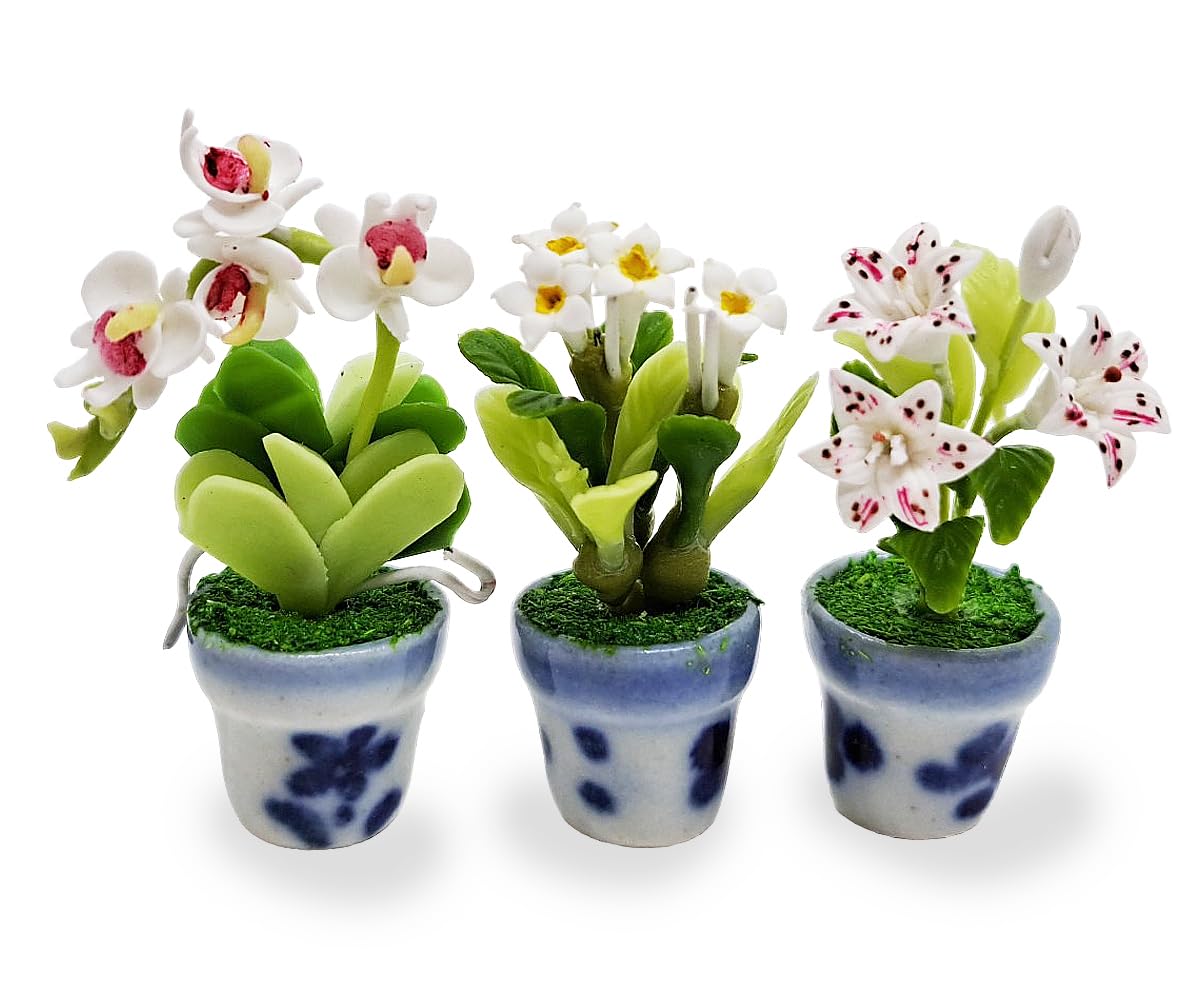 WitnyStore Miniature Handcrafted Clay Flower Pots Set of 3 - Lily, Orchid, Plumeria - 1½ Inch Tiny Artificial Flowers for Dollhouse Decor