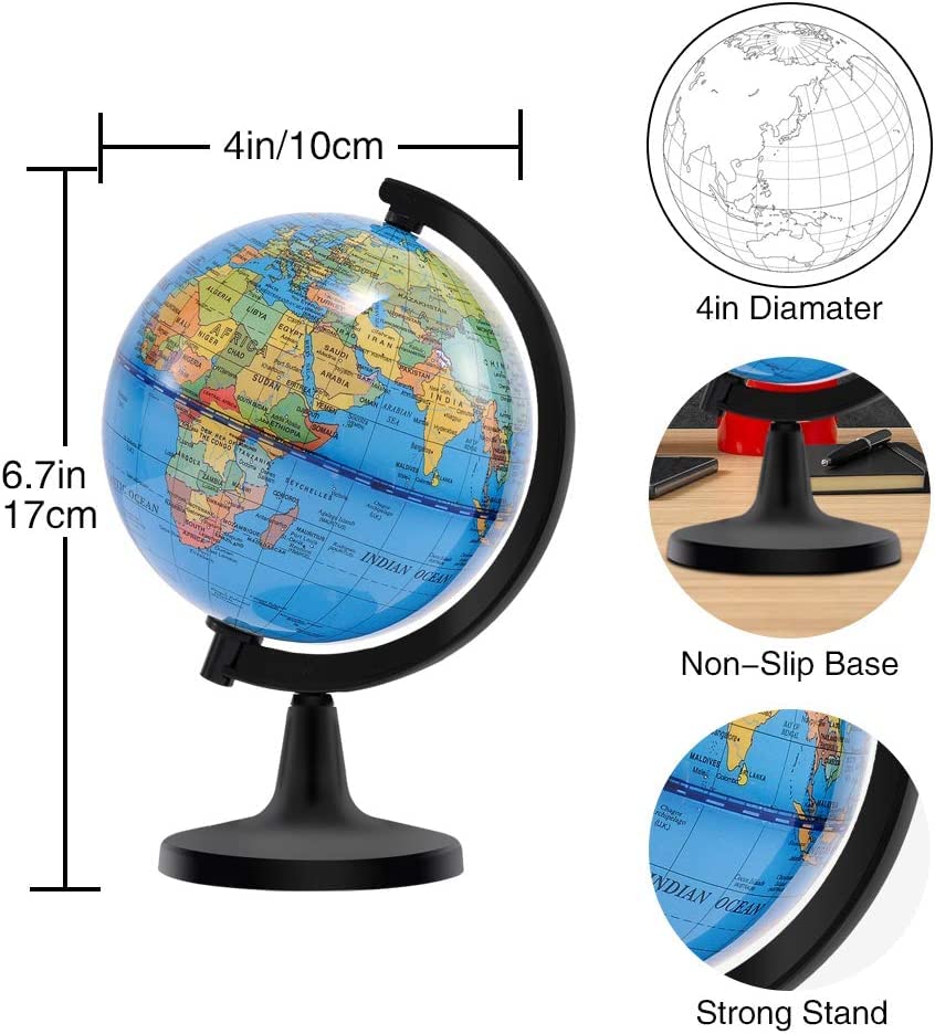 Wizdar 4 Inch Mini World Globe – Educational Rotating Globe for Kids, Classroom, Desk Decor