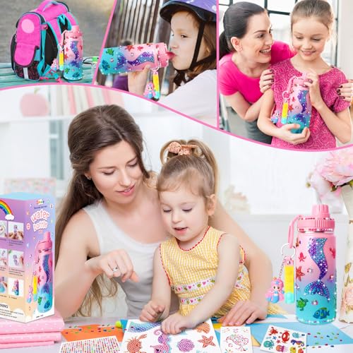 Wninbu DIY Mermaid Water Bottle Kit for Girls - 16 oz Stainless Steel with Gem Art Stickers and Fidget Keychain