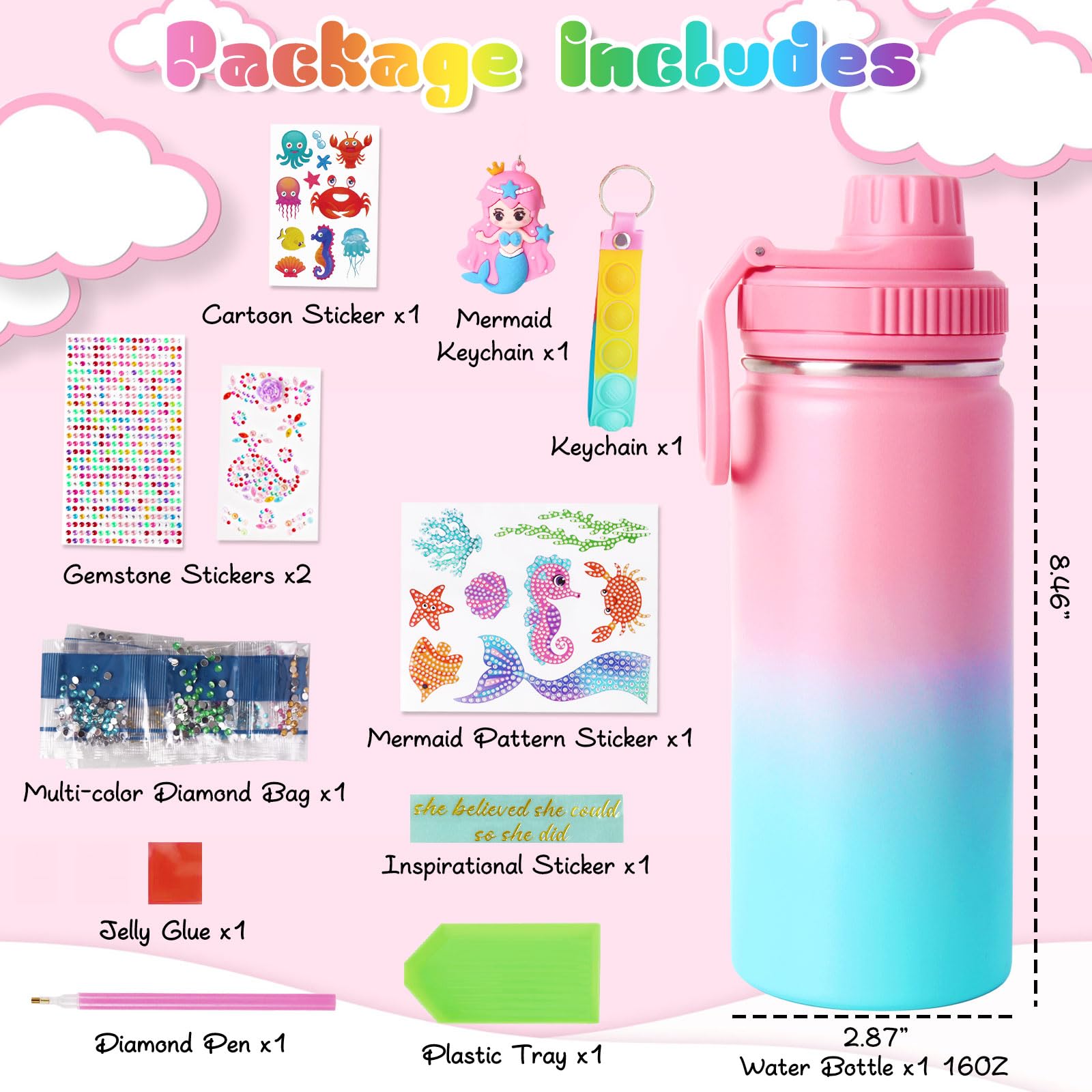 Wninbu DIY Mermaid Water Bottle Kit for Girls - 16 oz Stainless Steel with Gem Art Stickers and Fidget Keychain