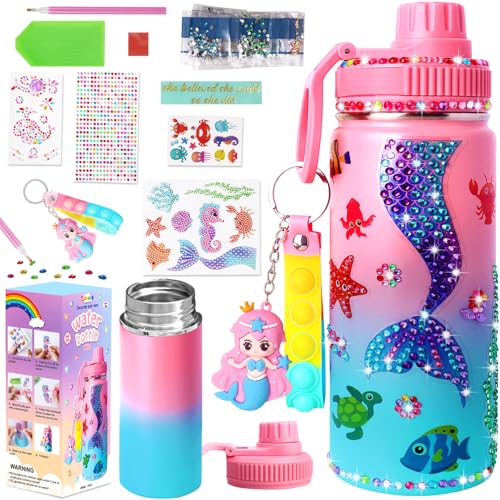 Wninbu DIY Mermaid Water Bottle Kit for Girls - 16 oz Stainless Steel with Gem Art Stickers and Fidget Keychain