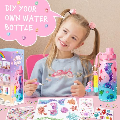 Wninbu DIY Mermaid Water Bottle Kit for Girls - 16 oz Stainless Steel with Gem Art Stickers and Fidget Keychain