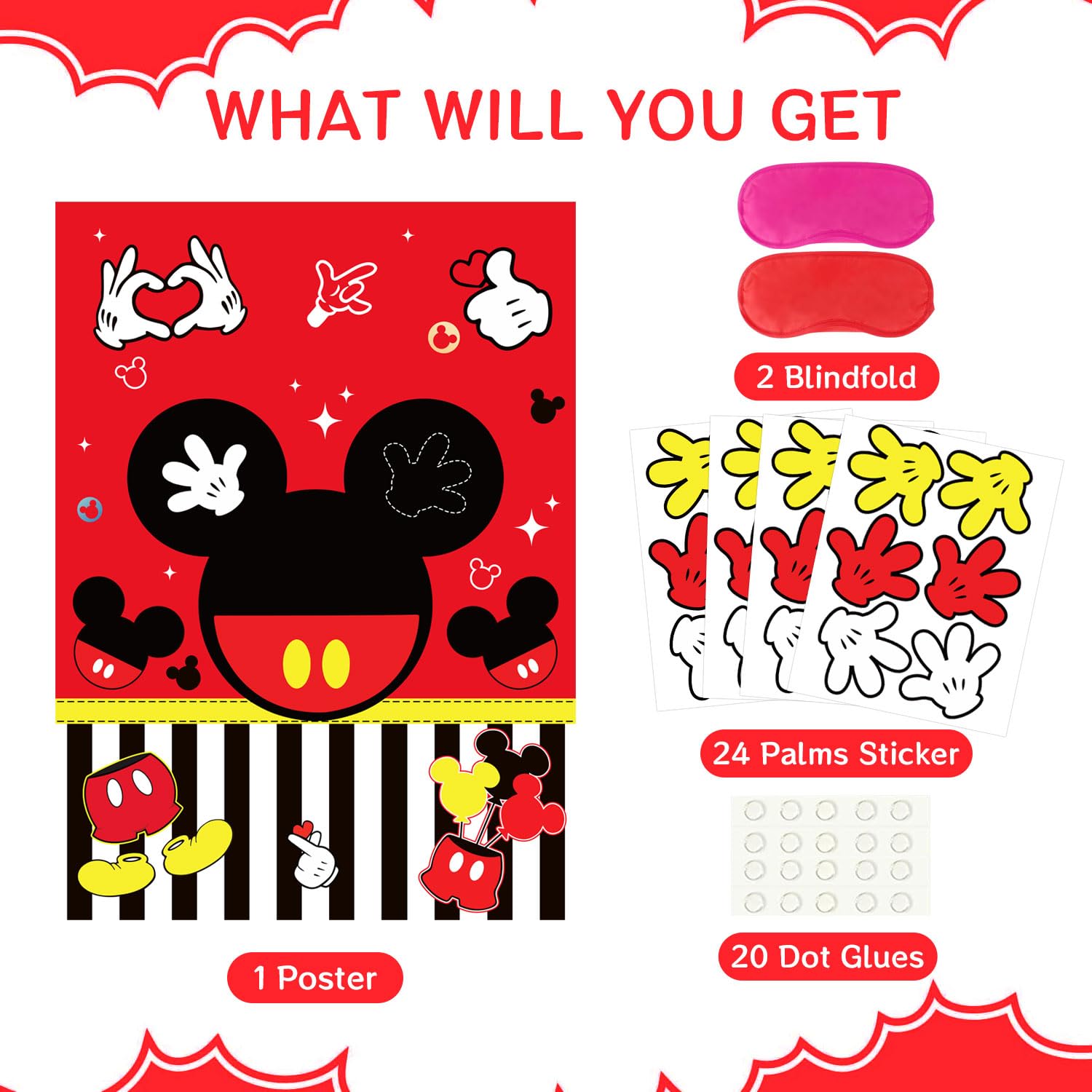 Woansju Red Mouse Birthday Party Game - Pin the Palm on the Mouse with 24 Stickers