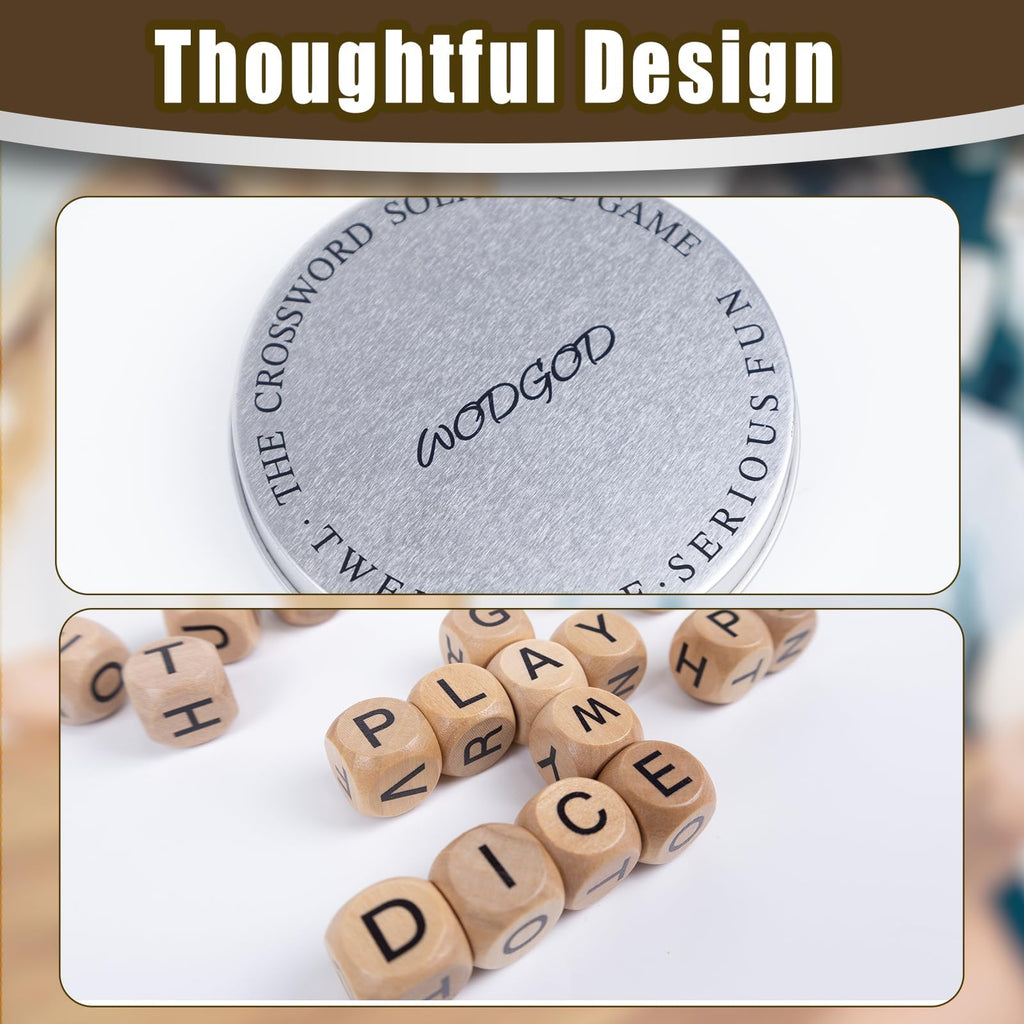 WodGod Crossword Dice Game - 12 Wooden Letter Tiles with Carrying Case for Travel, Camping, and Family Fun