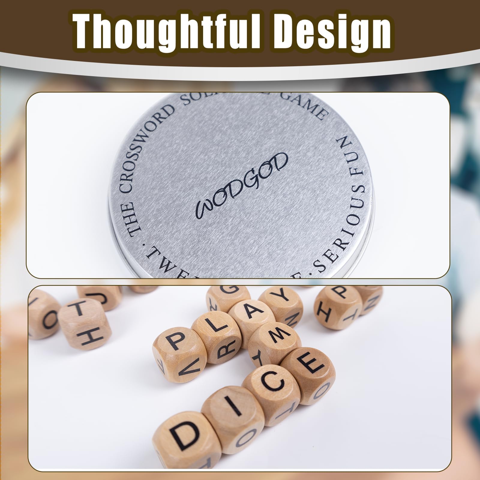 WodGod Crossword Dice Game - 12 Wooden Letter Tiles with Carrying Case for Travel, Camping, and Family Fun