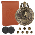 Wolf Pocket Watch Dice Set: 7 Polyhedral Metal Dice in Zinc Alloy Case with Leather Bag - D&D Starter Kit