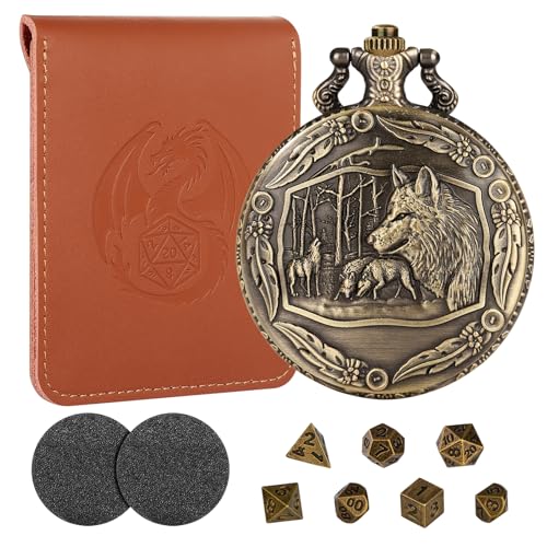 Wolf Pocket Watch Dice Set: 7 Polyhedral Metal Dice in Zinc Alloy Case with Leather Bag - D&D Starter Kit