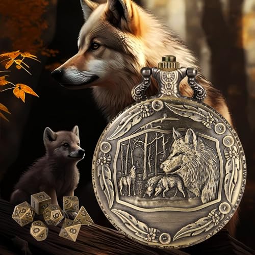 Wolf Pocket Watch Dice Set: 7 Polyhedral Metal Dice in Zinc Alloy Case with Leather Bag - D&D Starter Kit