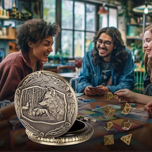 Wolf Pocket Watch Dice Set: 7 Polyhedral Metal Dice in Zinc Alloy Case with Leather Bag - D&D Starter Kit