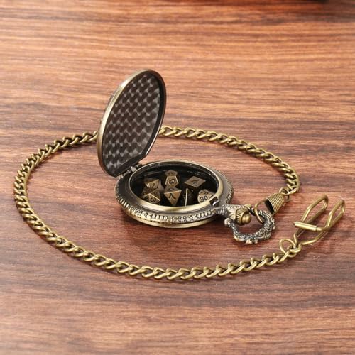 Wolf Pocket Watch Dice Set: 7 Polyhedral Metal Dice in Zinc Alloy Case with Leather Bag - D&D Starter Kit