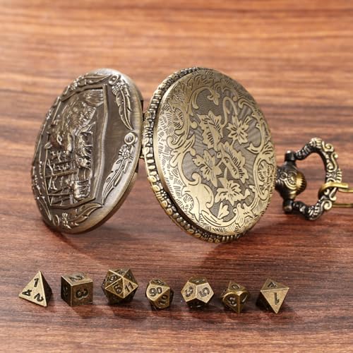 Wolf Pocket Watch Dice Set: 7 Polyhedral Metal Dice in Zinc Alloy Case with Leather Bag - D&D Starter Kit