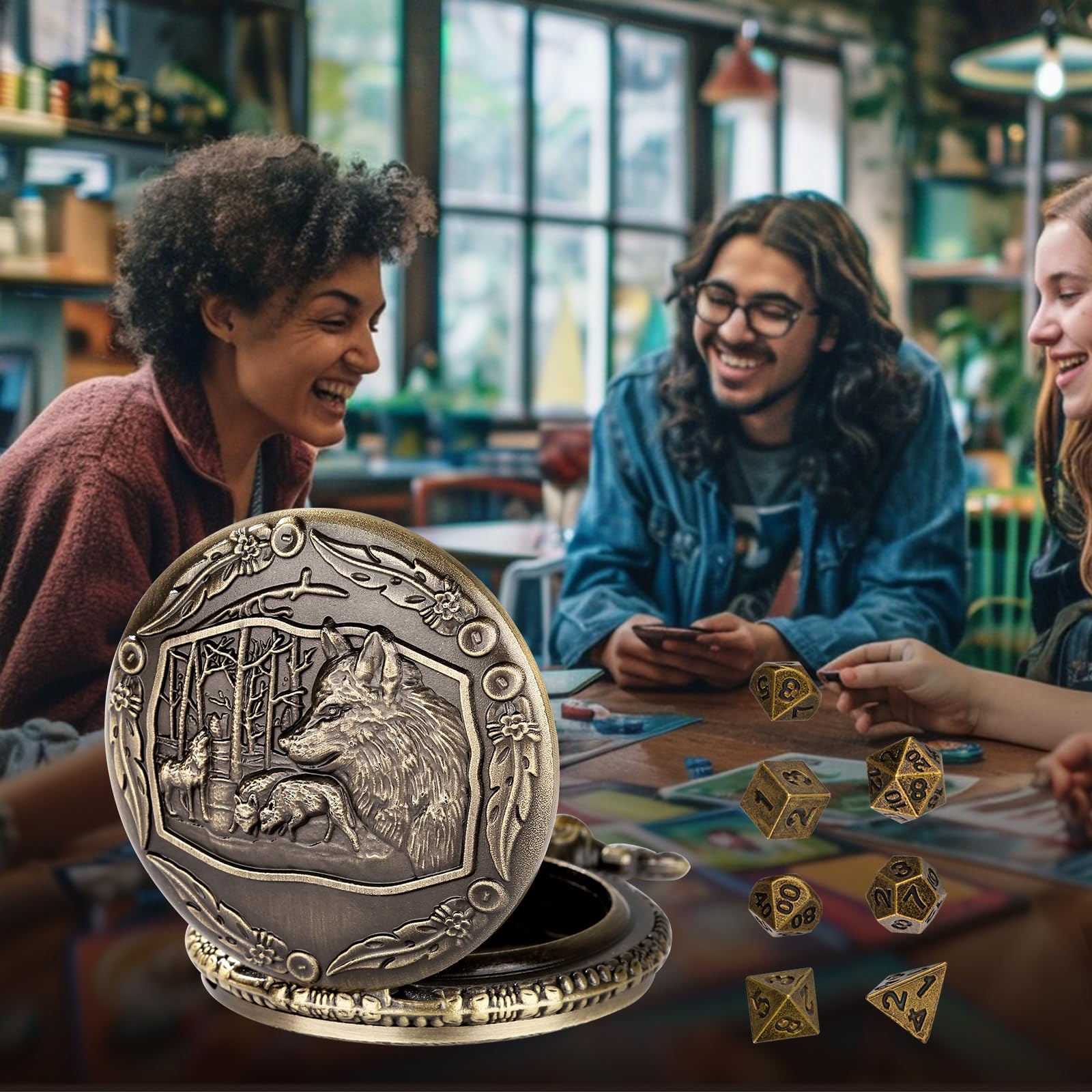 Wolf Pocket Watch Dice Set: 7 Polyhedral Metal Dice in Zinc Alloy Case with Leather Bag - D&D Starter Kit