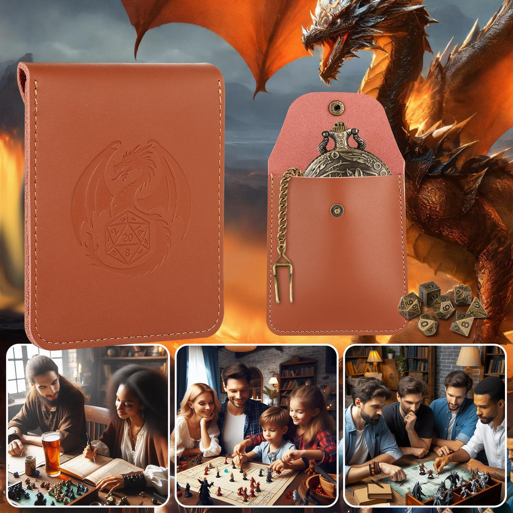 Wolf Pocket Watch Dice Set: 7 Polyhedral Metal Dice in Zinc Alloy Case with Leather Bag - D&D Starter Kit