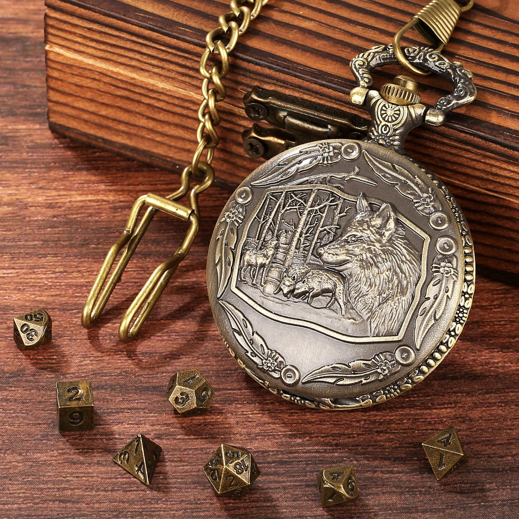 Wolf Pocket Watch Dice Set: 7 Polyhedral Metal Dice in Zinc Alloy Case with Leather Bag - D&D Starter Kit