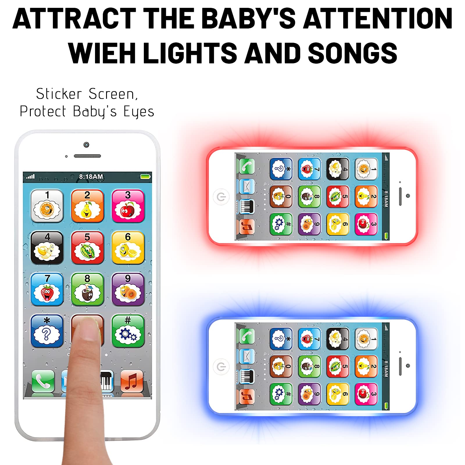 Wolmund Toy Learning Play Cell Phone with 8 Modes, LED Lights, White