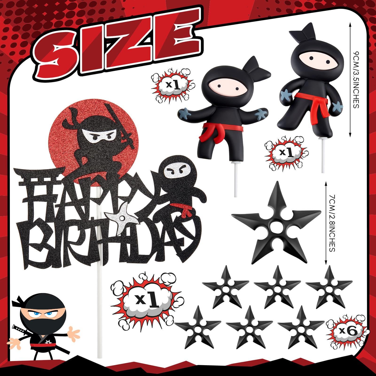 Wonderjune 9-Piece Ninja Cake Toppers – Black & Red Ceramic Decorations for Karate/Kung Fu Birthday Parties