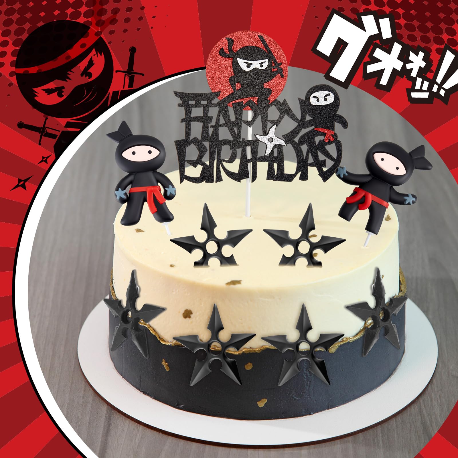 Wonderjune 9-Piece Ninja Cake Toppers – Black & Red Ceramic Decorations for Karate/Kung Fu Birthday Parties
