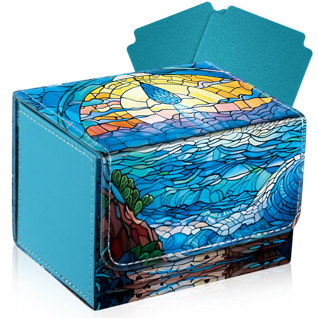 Wonderjune Blue Leather Card Box for MTG & TCG Cards – Holds 120+ Sleeved Cards with Strong Magnet & 2 Dividers