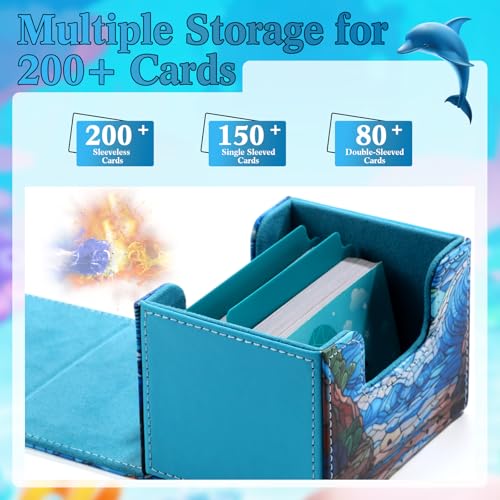 Wonderjune Blue Leather Card Box for MTG & TCG Cards – Holds 120+ Sleeved Cards with Strong Magnet & 2 Dividers