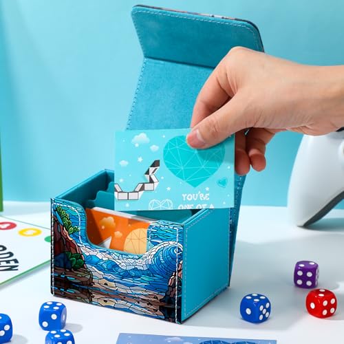Wonderjune Blue Leather Card Box for MTG & TCG Cards – Holds 120+ Sleeved Cards with Strong Magnet & 2 Dividers