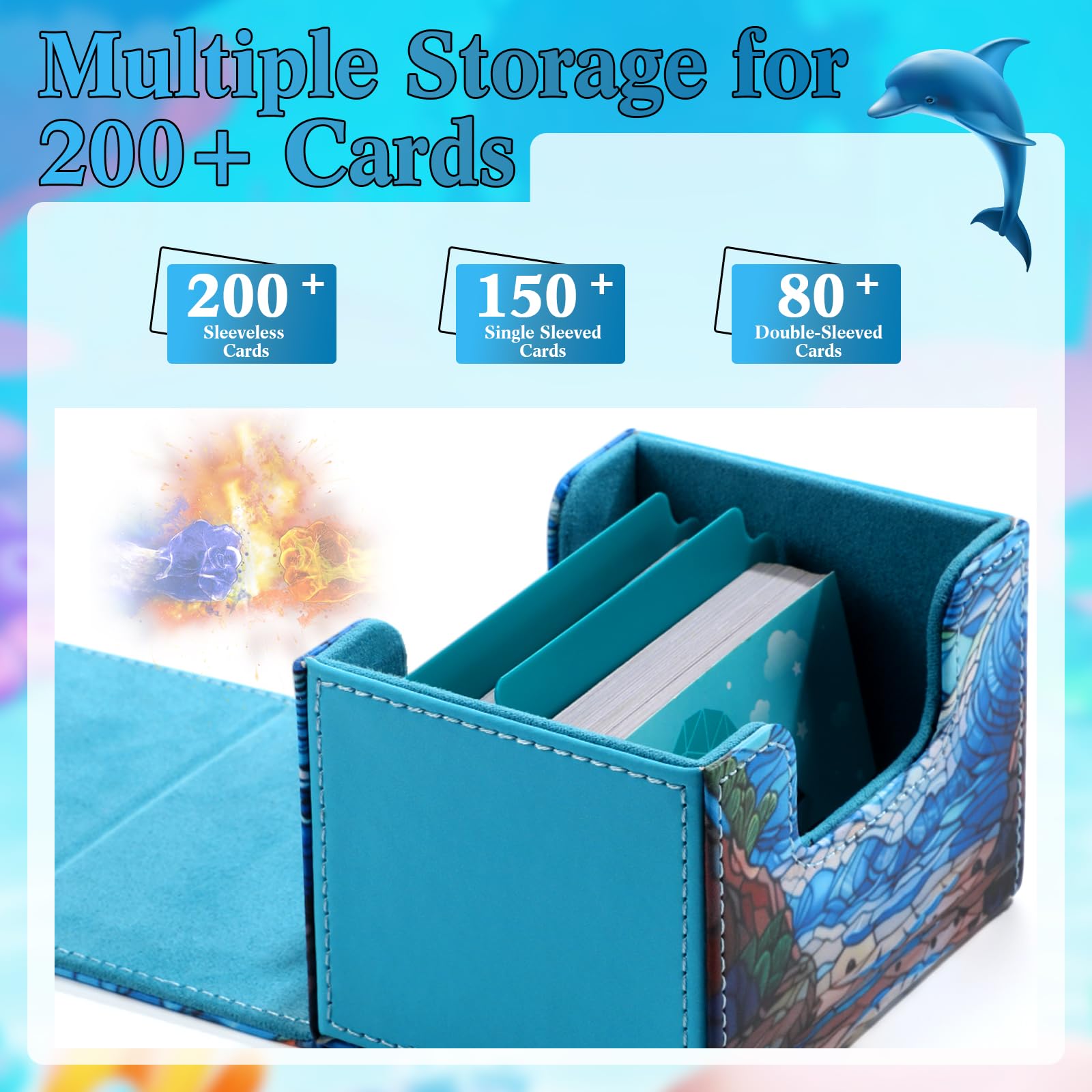 Wonderjune Blue Leather Card Box for MTG & TCG Cards – Holds 120+ Sleeved Cards with Strong Magnet & 2 Dividers