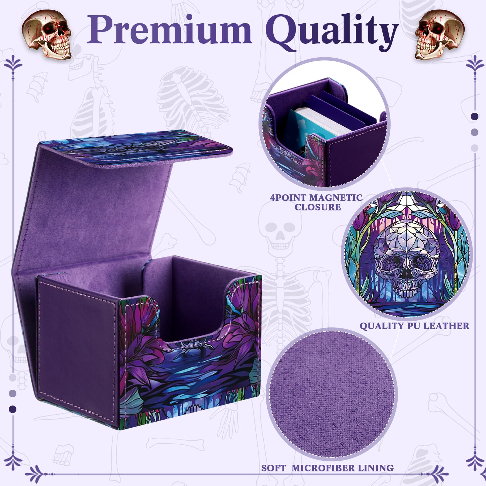 Wonderjune Purple Leather Card Deck Case with Strong Magnet – Holds 120+ Cards, Includes 2 Dividers