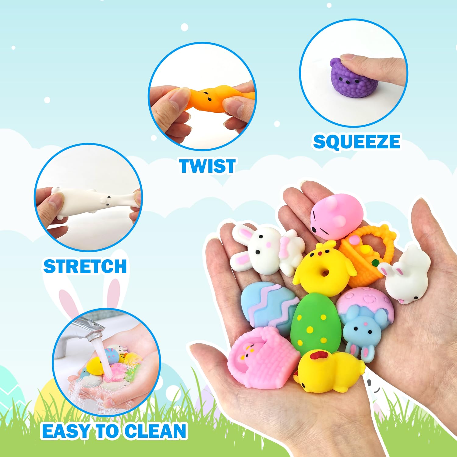 Wondrus 24-Piece Mochi Squishy Fidget Toy Set with Plastic Eggs – Non-Candy Easter Basket Stuffers
