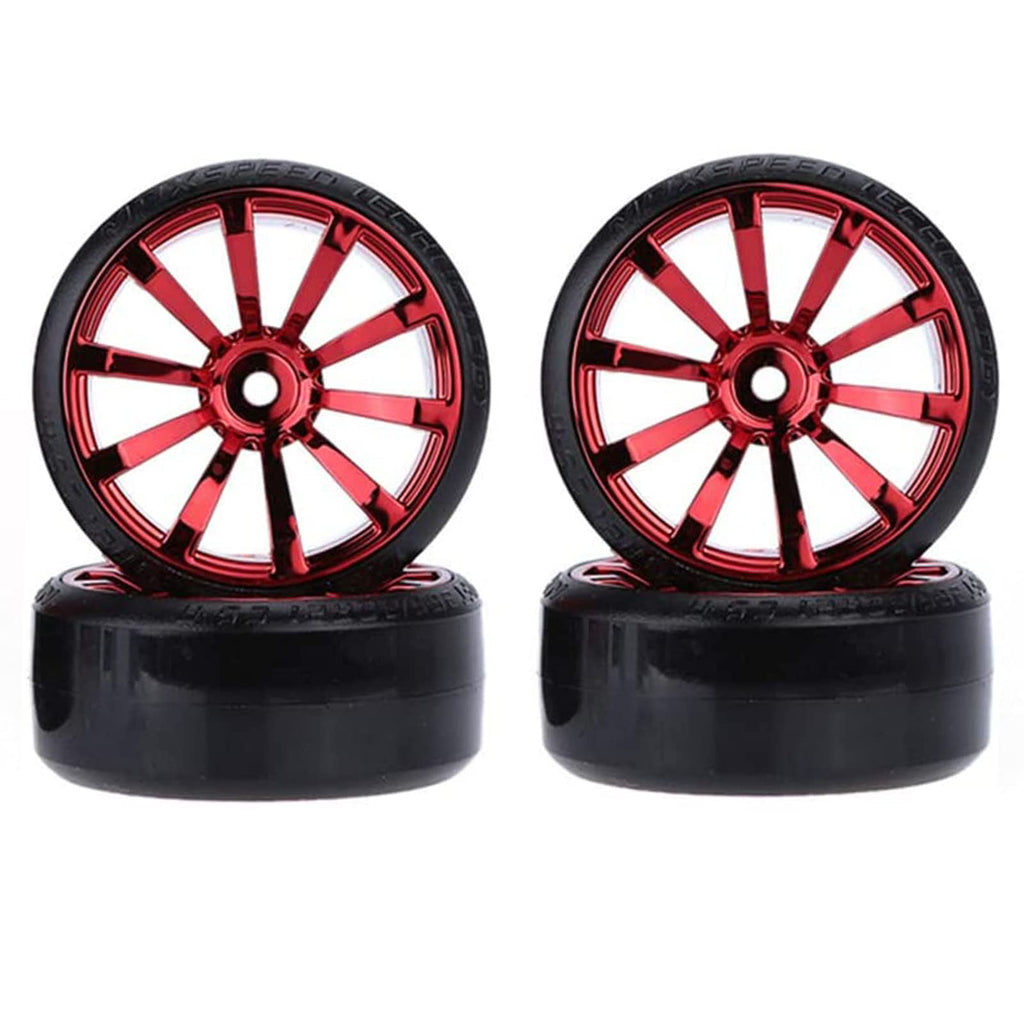 WONFAST RC Drift Car Wheel and Tire Set - 63mm Hard Plastic Tires for 1/10 On-Road Drifting (Red, 4-Pack)