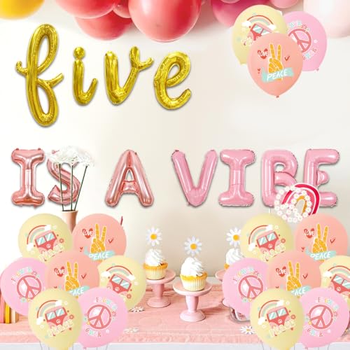 Wonmelody Rose Gold Pink 5th Birthday Balloon Banner - Groovy Hippie Retro Set with Foil Balloons, Daisies & Rainbow Balloon for Girls Party