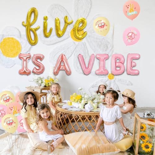Wonmelody Rose Gold Pink 5th Birthday Balloon Banner - Groovy Hippie Retro Set with Foil Balloons, Daisies & Rainbow Balloon for Girls Party