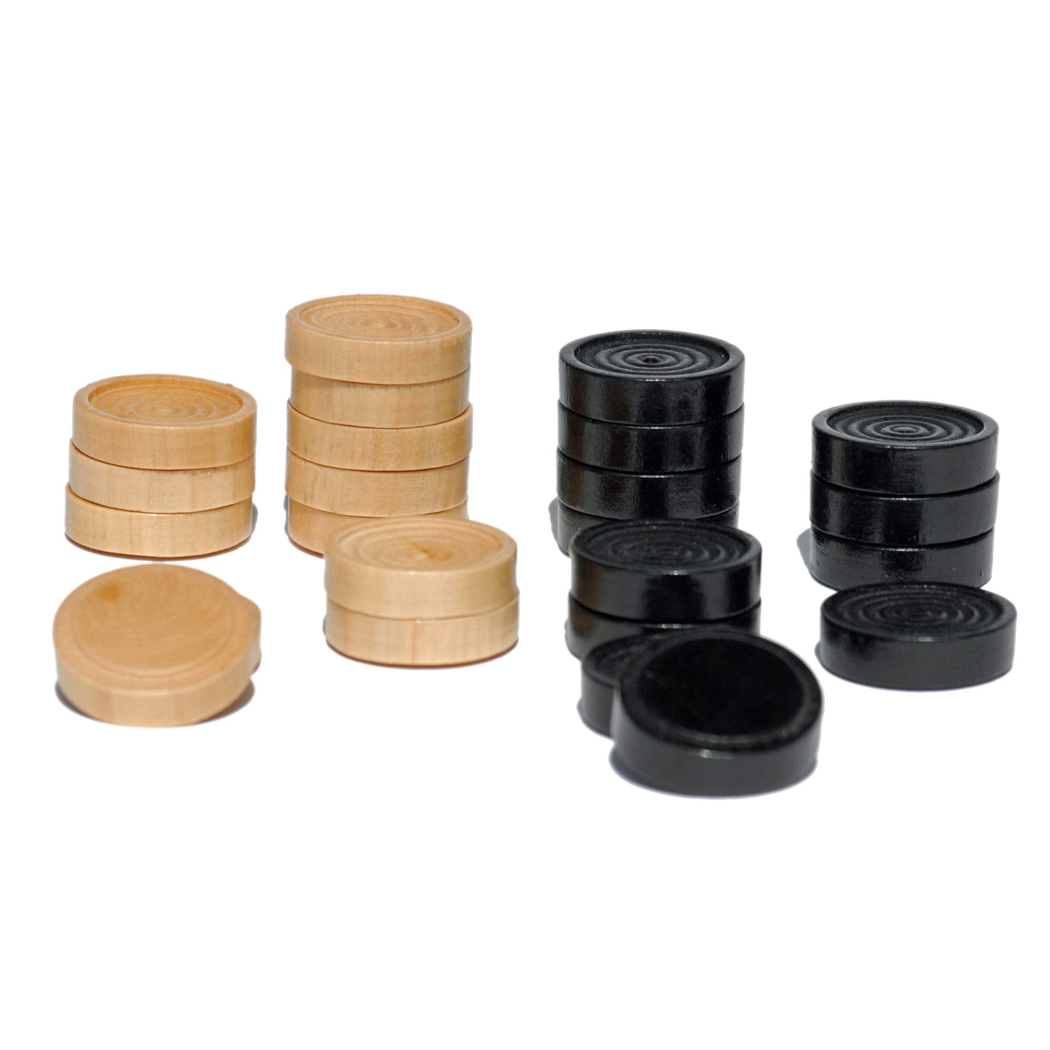 Wood Backgammon Checkers 30-Piece Set - Black & Natural 1.125 inch Diameter with Drawstring Bag