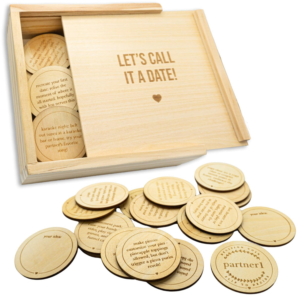 Wood Enchantments Date Night Box - 52 Romantic Date Ideas on Wooden Coins with Decision Maker Coin, Beechwood, Classic Edition