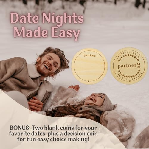 Wood Enchantments Date Night Box - 52 Romantic Date Ideas on Wooden Coins with Decision Maker Coin, Beechwood, Classic Edition
