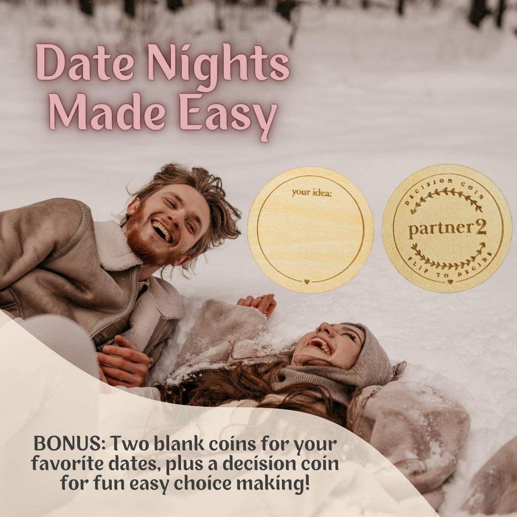 Wood Enchantments Date Night Box - 52 Romantic Date Ideas on Wooden Coins with Decision Maker Coin, Beechwood, Classic Edition