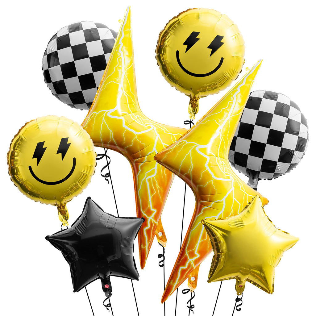 Wood Homing 8-Pack 18-Inch Smile Face & Checkered Helium Balloons – Yellow Lightning and Star Foil Balloons for Birthday Party Decor