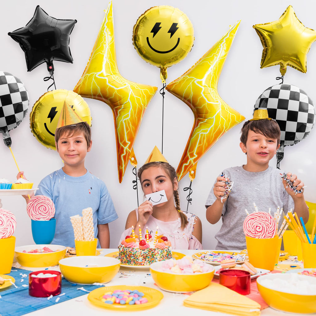 Wood Homing 8-Pack 18-Inch Smile Face & Checkered Helium Balloons – Yellow Lightning and Star Foil Balloons for Birthday Party Decor