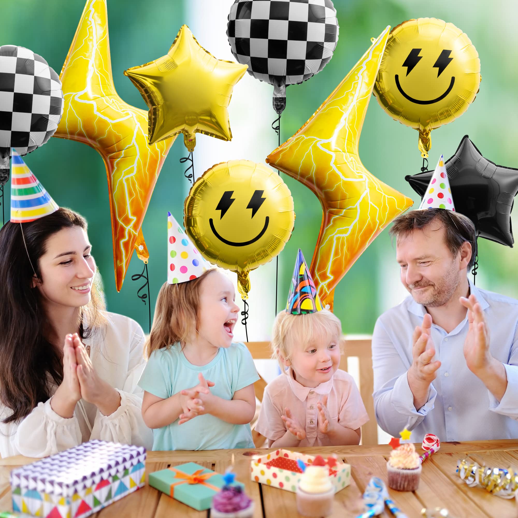 Wood Homing 8-Pack 18-Inch Smile Face & Checkered Helium Balloons – Yellow Lightning and Star Foil Balloons for Birthday Party Decor
