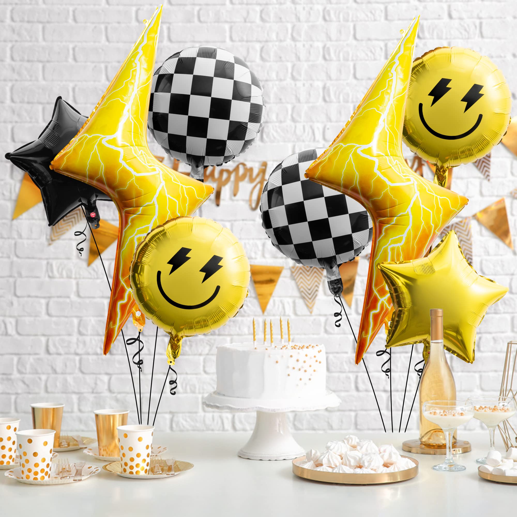 Wood Homing 8-Pack 18-Inch Smile Face & Checkered Helium Balloons – Yellow Lightning and Star Foil Balloons for Birthday Party Decor