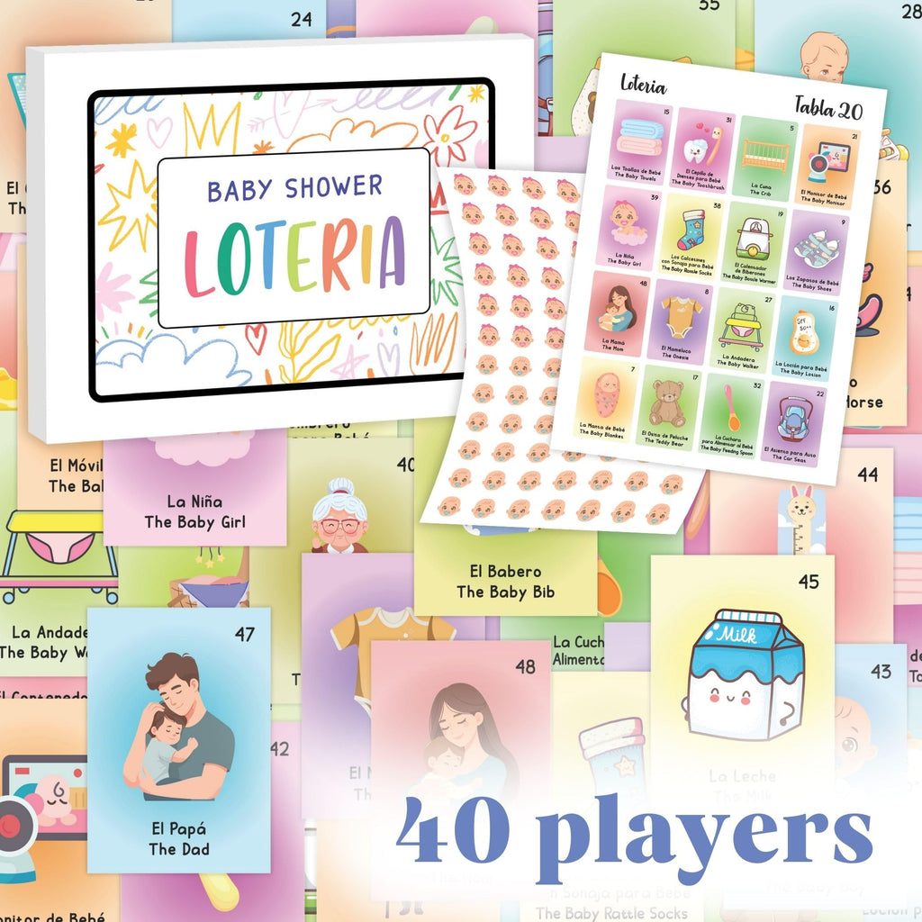 WOODAMORE Baby Shower Loteria Bilingual Game – 50 Cards, 54 Calling Cards, Chips for 40 Players