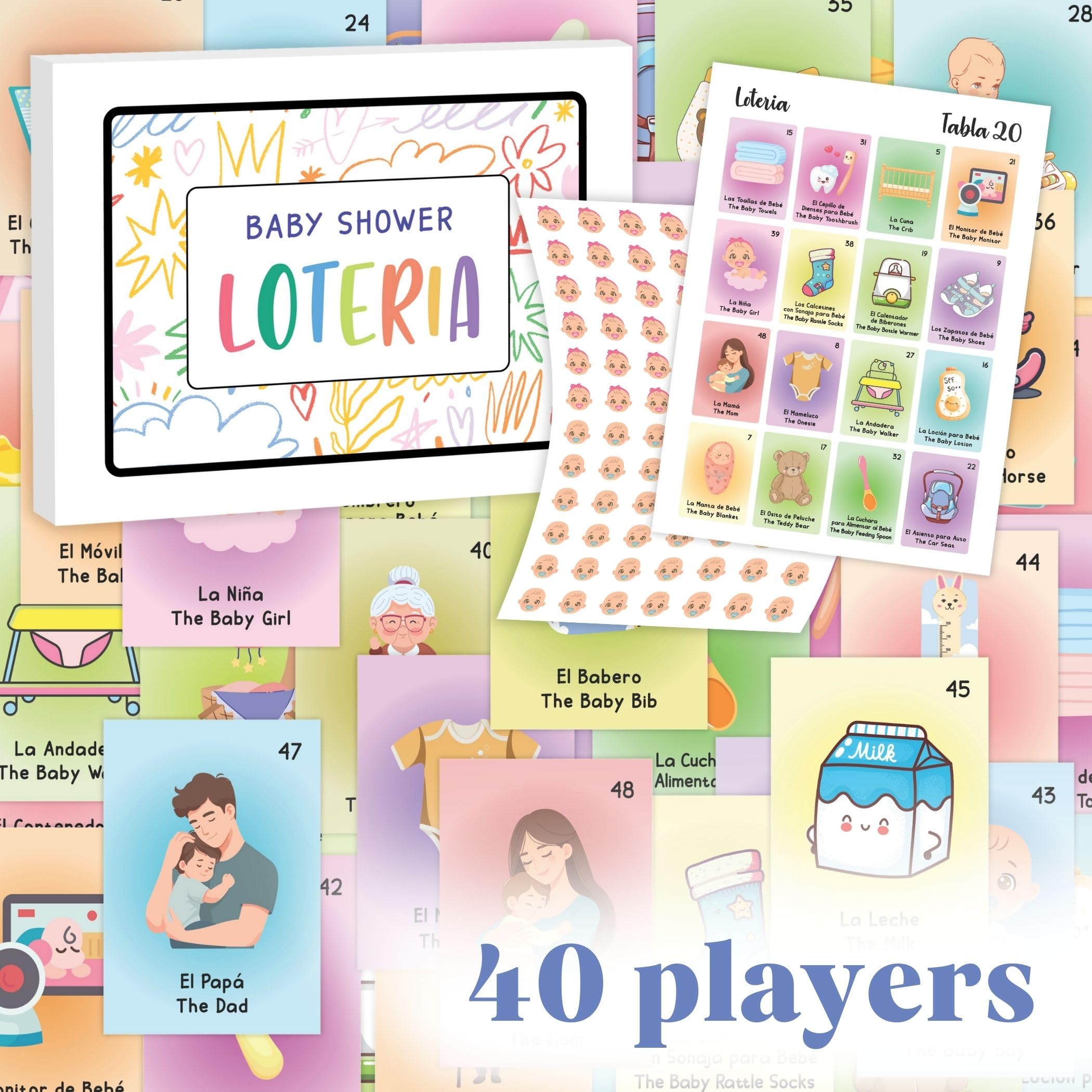 WOODAMORE Baby Shower Loteria Bilingual Game – 50 Cards, 54 Calling Cards, Chips for 40 Players