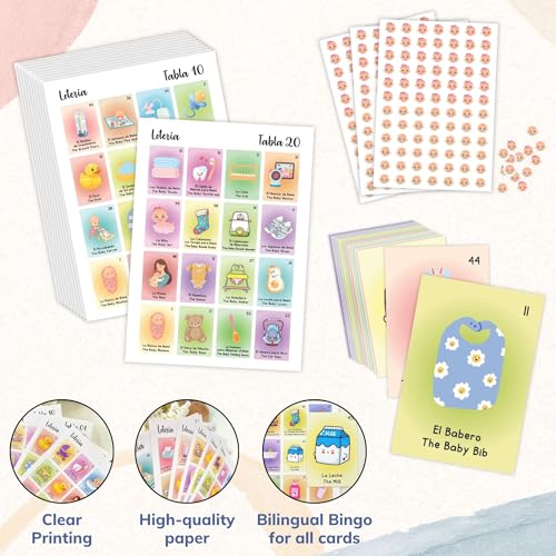 WOODAMORE Baby Shower Loteria Bilingual Game – 50 Cards, 54 Calling Cards, Chips for 40 Players